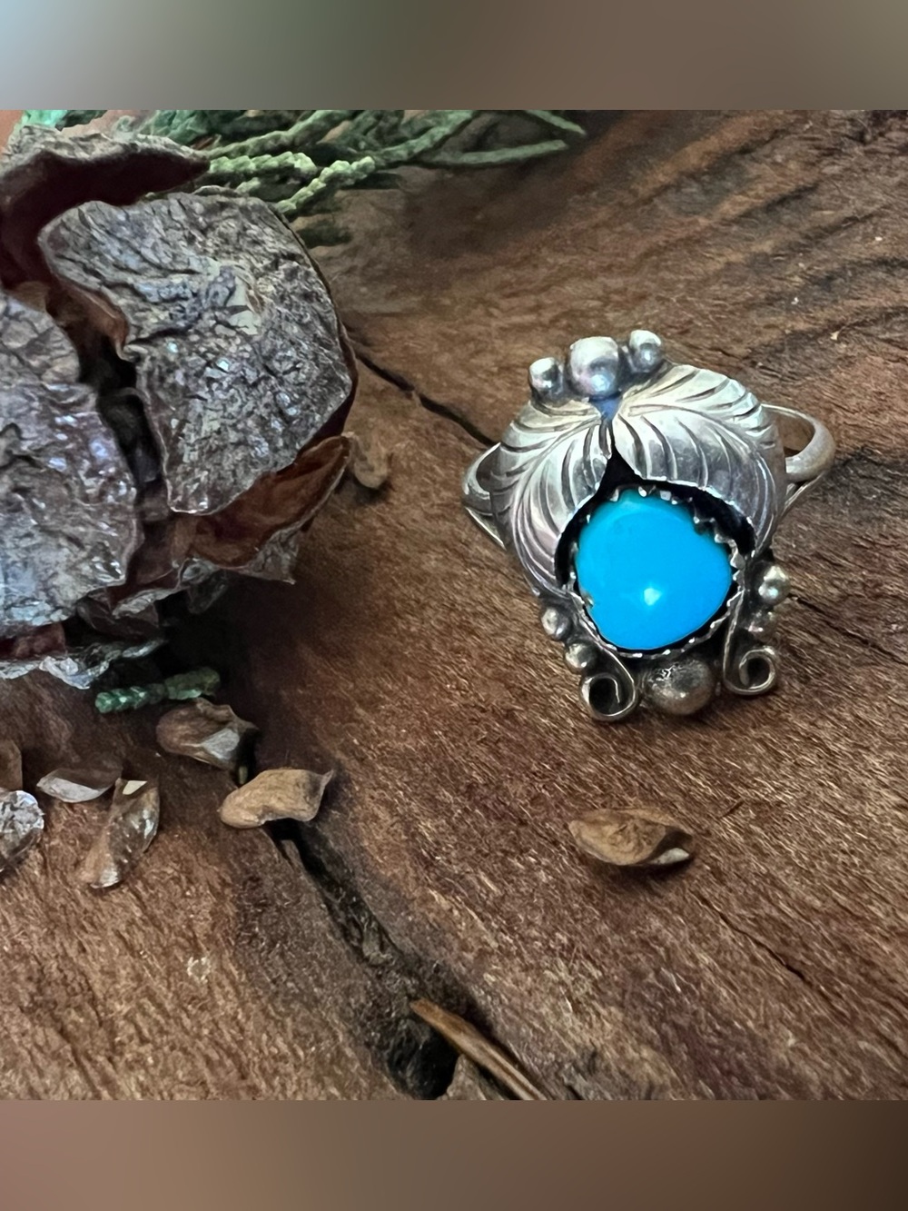 Navajo Sterling Floral Blue Turquoise Ring Cabochon Sleeping Beauty 5.75